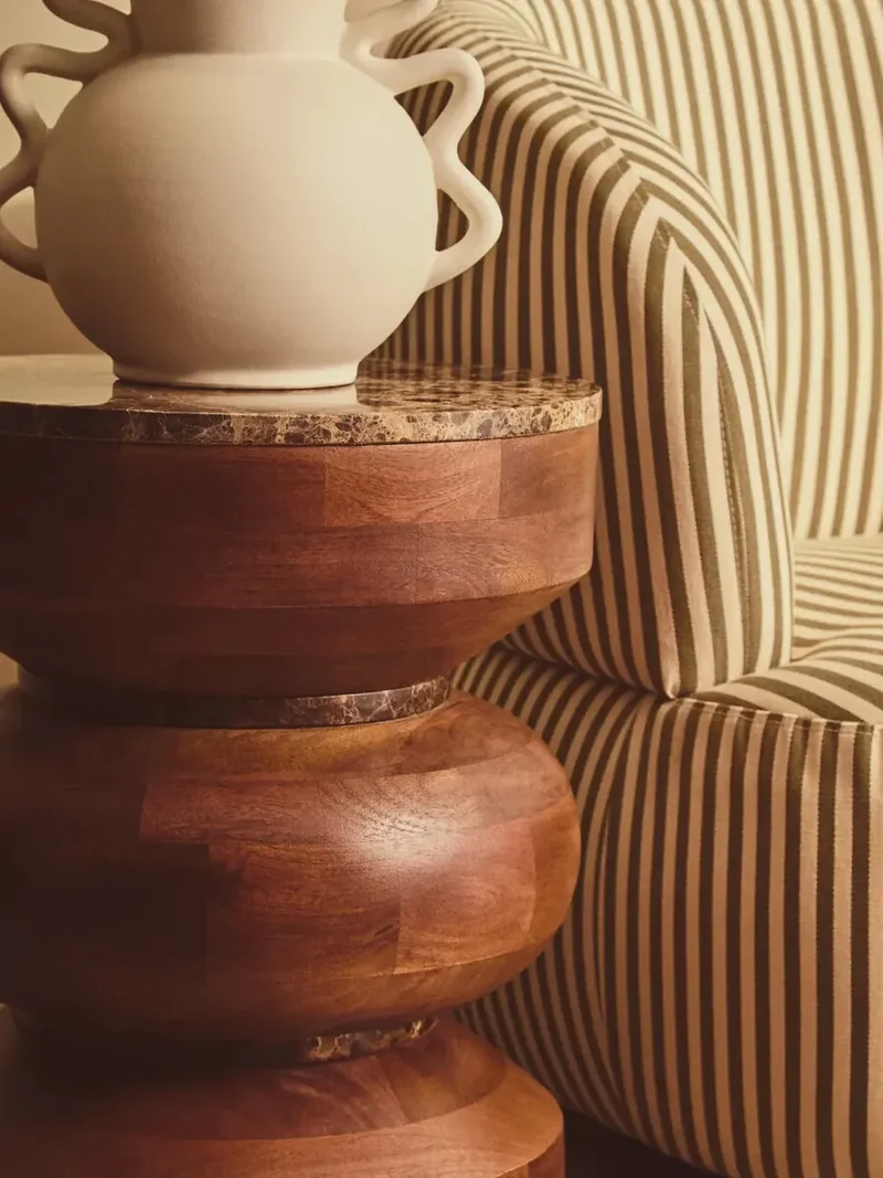 Barola Round Brown Marble and Mango Wood Carved Tiered Side Table