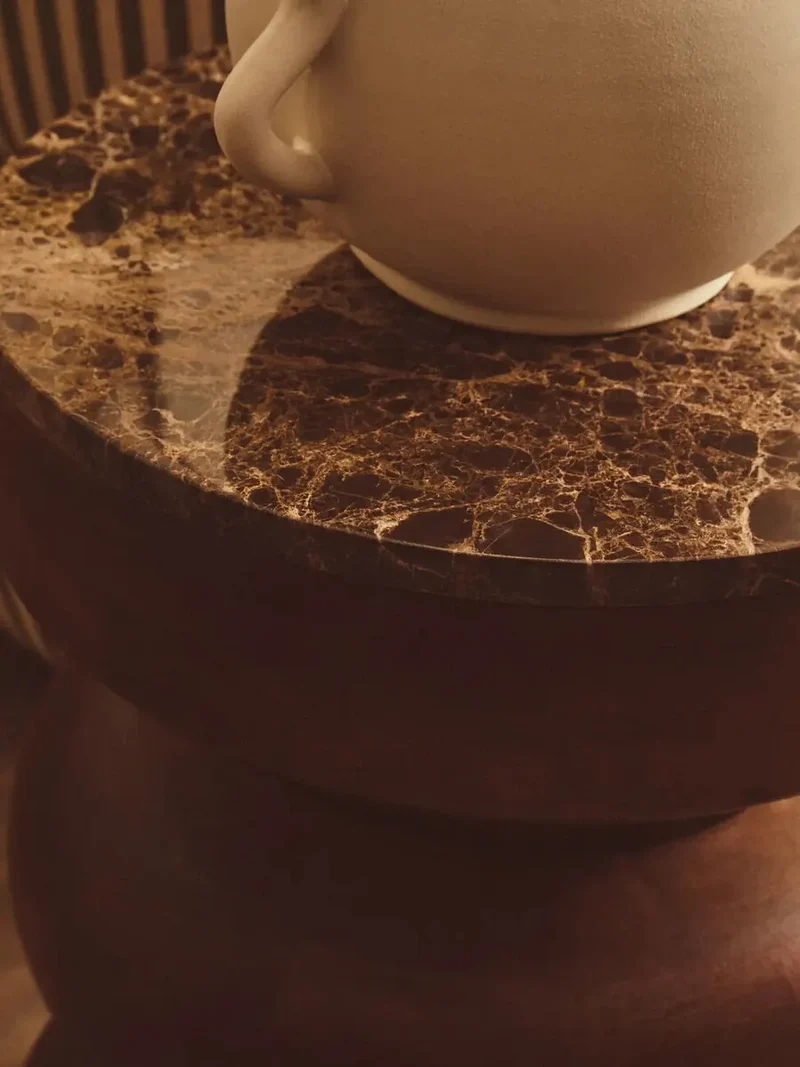 Barola Round Brown Marble and Mango Wood Carved Tiered Side Table