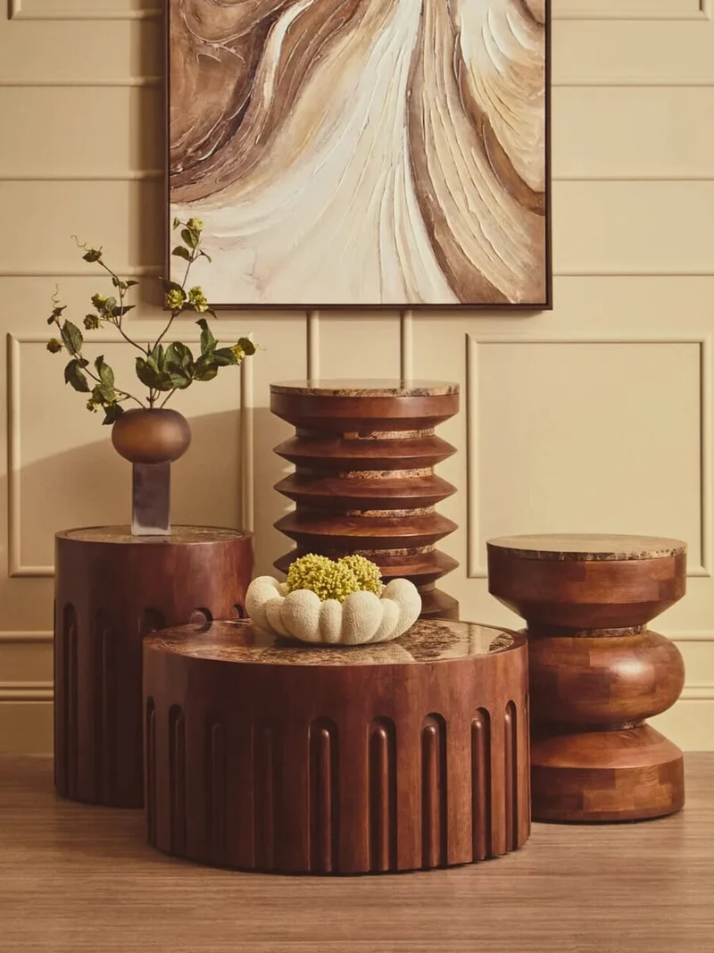 Barola Round Brown Marble and Mango Wood Carved Tiered Side Table