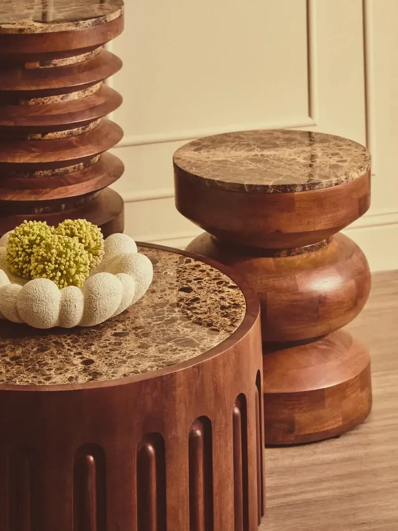 Barola Round Brown Marble and Mango Wood Carved Tiered Side Table