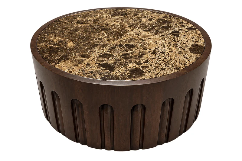 Barola Round Brown Marble and Dark Mango Wood Carved Coffee Table
