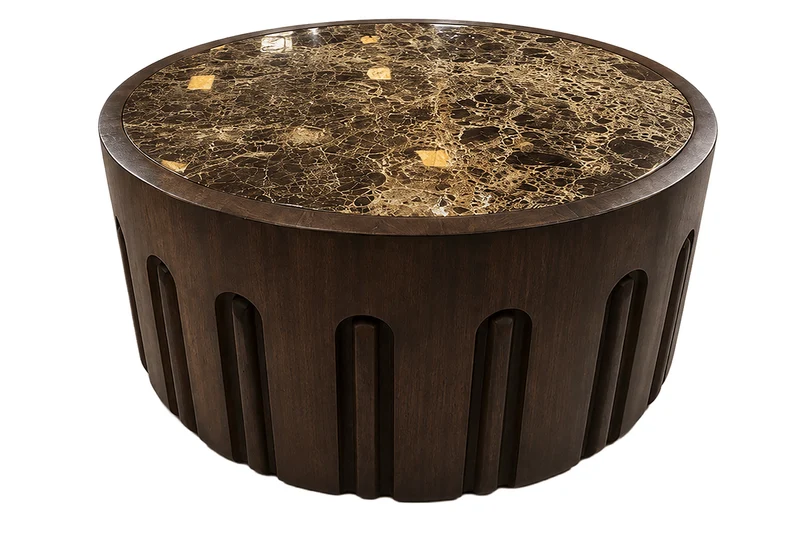 Barola Round Brown Marble and Dark Mango Wood Carved Coffee Table