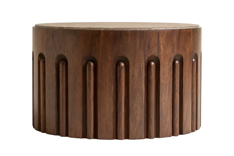 Barola Round Brown Marble and Dark Mango Wood Carved Coffee Table