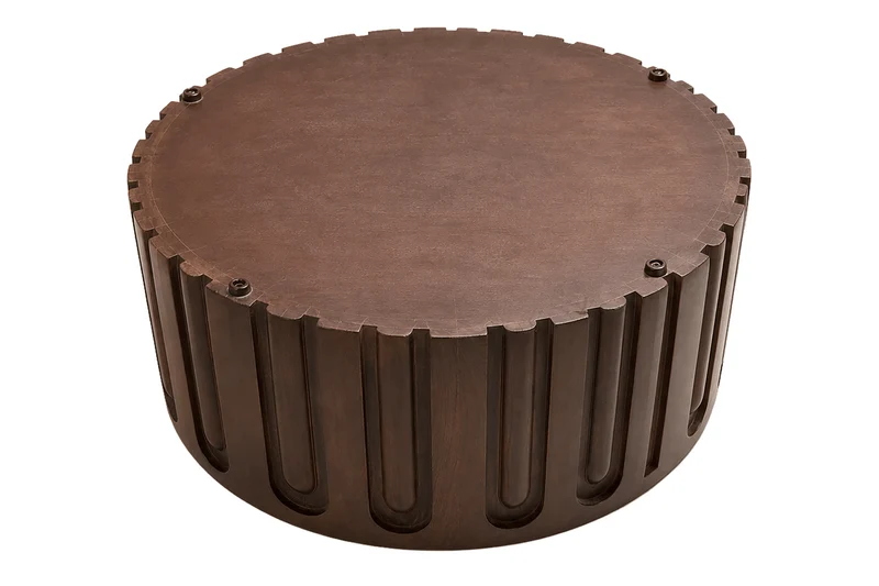 Barola Round Brown Marble and Dark Mango Wood Carved Coffee Table