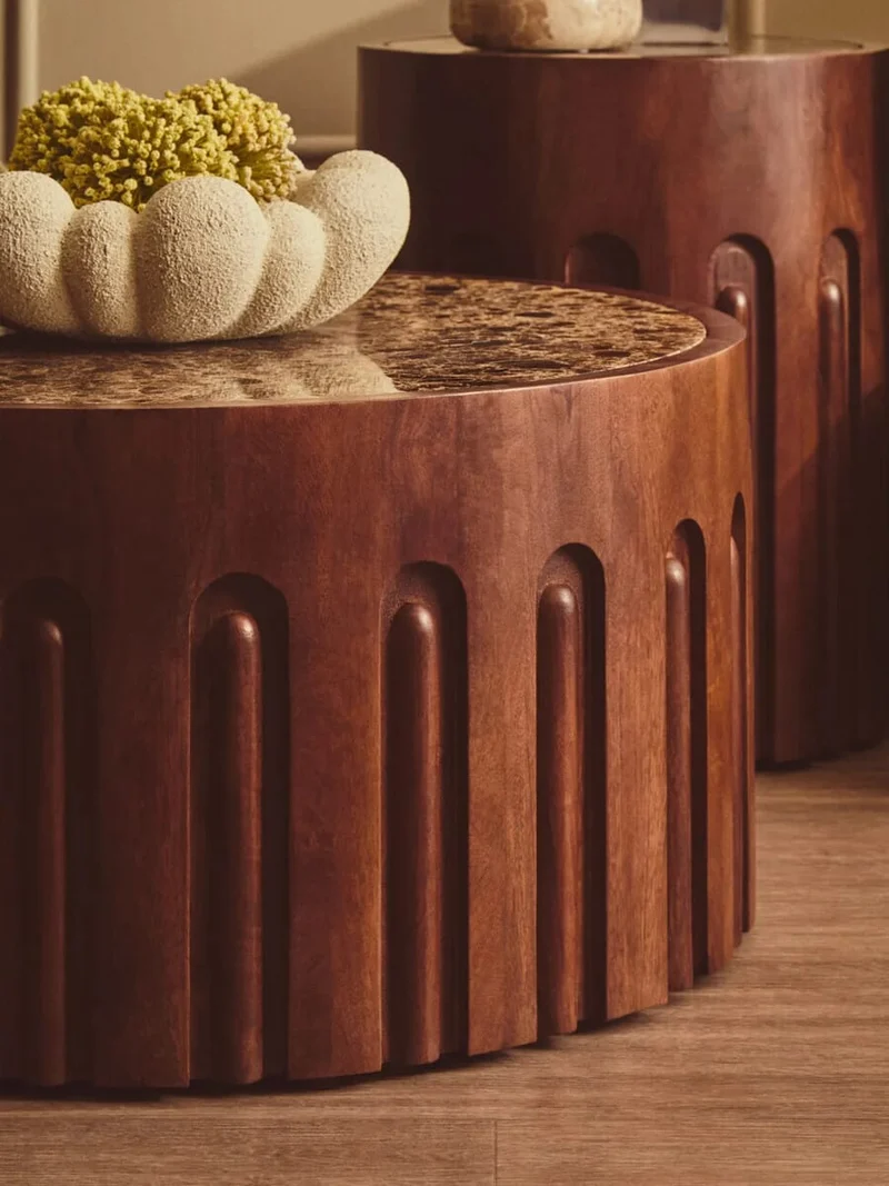 Barola Round Brown Marble and Dark Mango Wood Carved Coffee Table