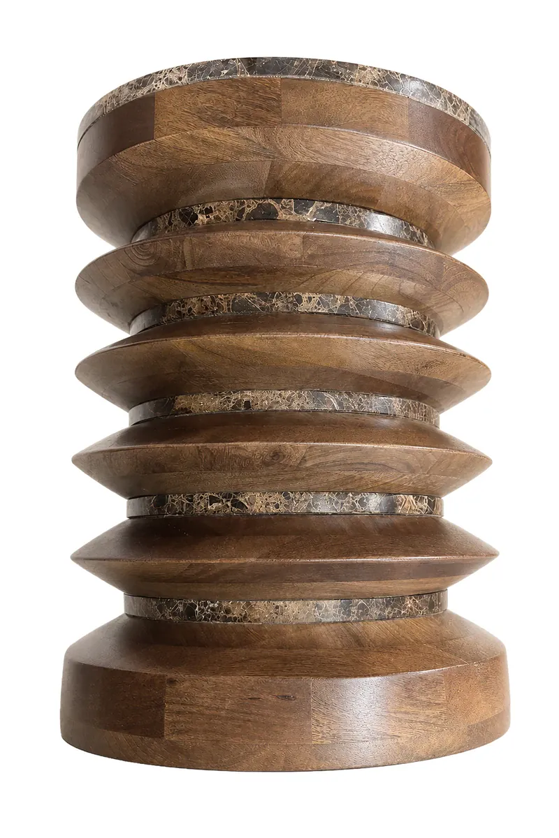 Barola Round Brown Marble and Mango Wood Carved Side Table