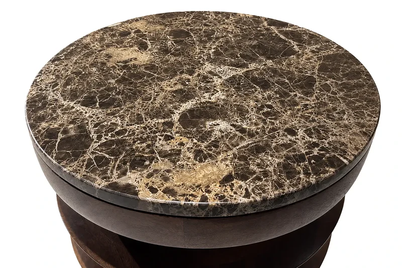 Barola Round Brown Marble and Mango Wood Carved Side Table