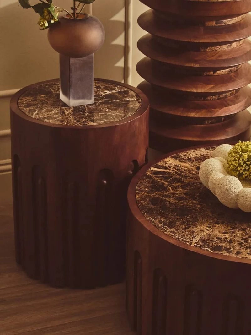 Barola Round Brown Marble and Mango Wood Carved Side Table