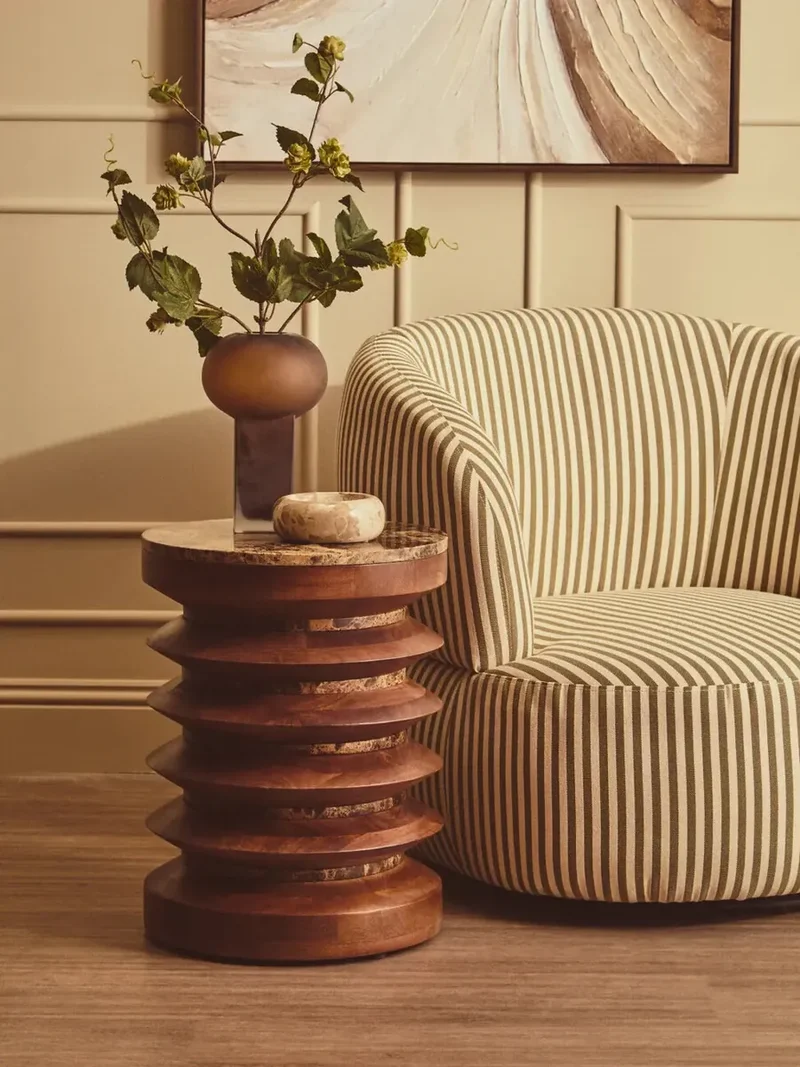 Barola Round Brown Marble and Mango Wood Carved Side Table