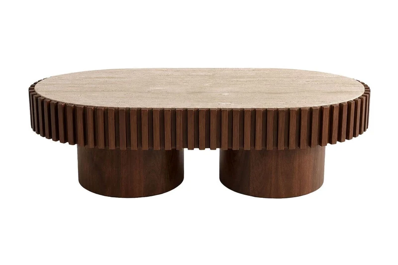 Babel Oval Travertine and Mango Wood Coffee Table