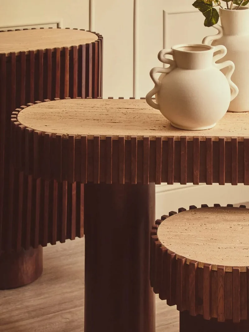 Babel Travertine and Mango Wood Curved Console Table