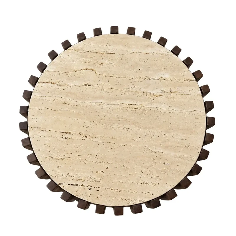 Babel Round Travertine and Mango Wood Side Table