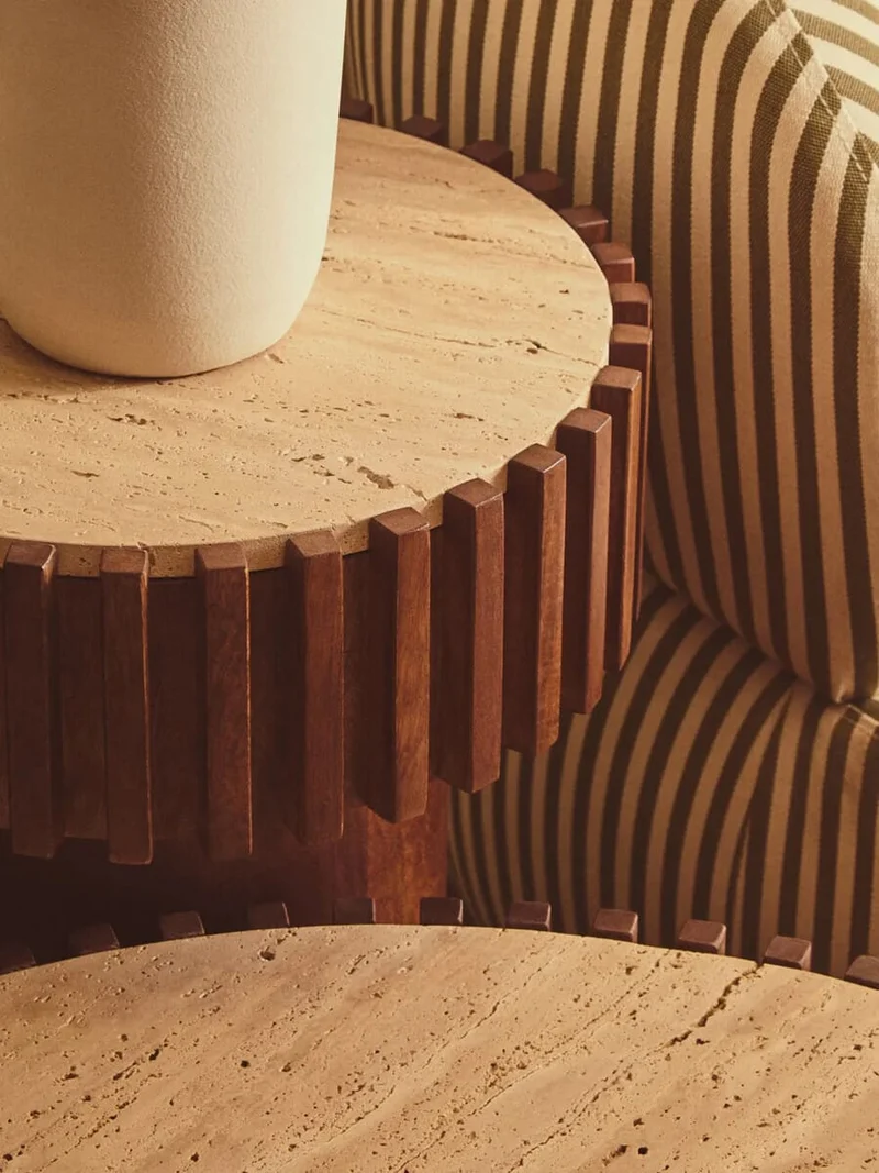 Babel Round Travertine and Mango Wood Side Table