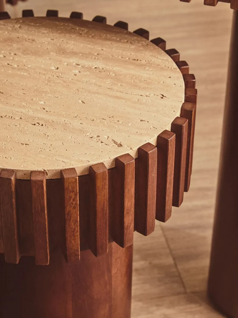 Babel Round Travertine and Mango Wood Side Table
