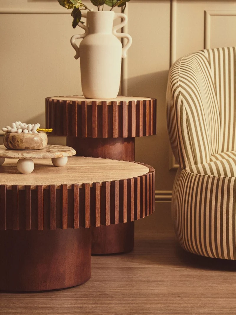 Babel Round Travertine and Mango Wood Coffee Table