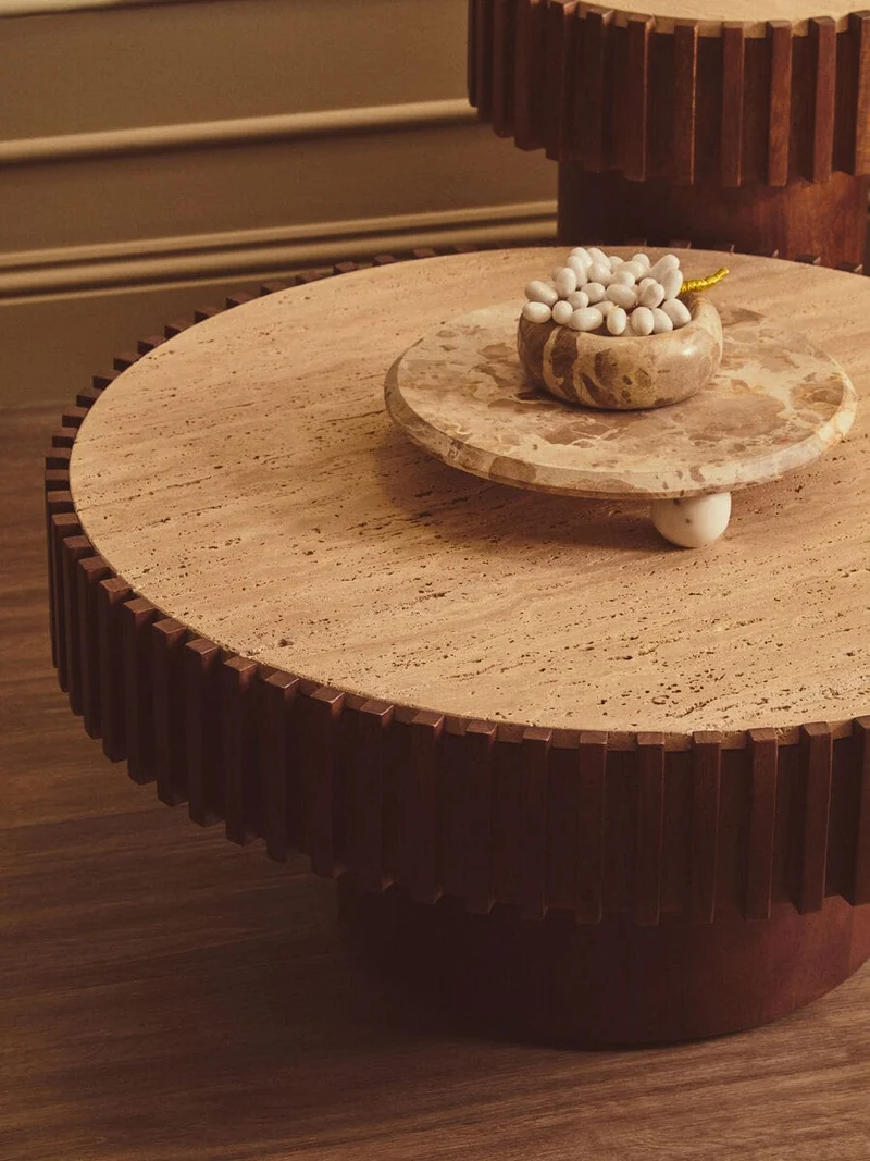 Babel Round Travertine and Mango Wood Coffee Table
