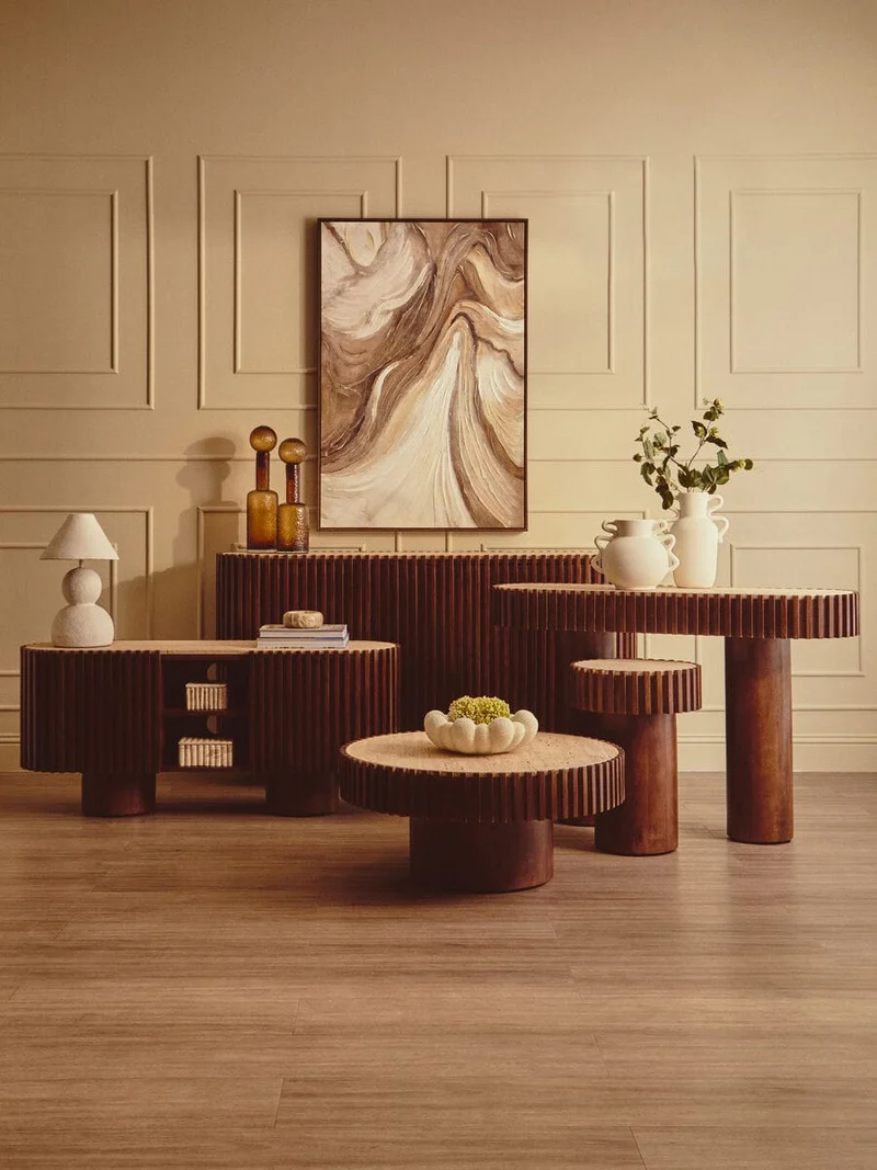 Babel Round Travertine and Mango Wood Coffee Table