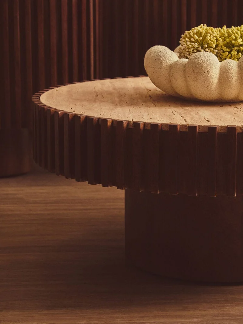 Babel Round Travertine and Mango Wood Coffee Table