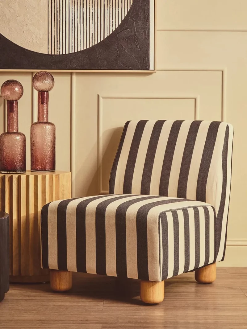 Parlan Black and White Stripe Armless Chair with Wooden Feet