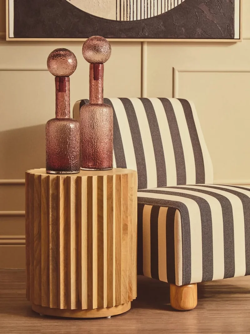 Parlan Black and White Stripe Armless Chair with Wooden Feet