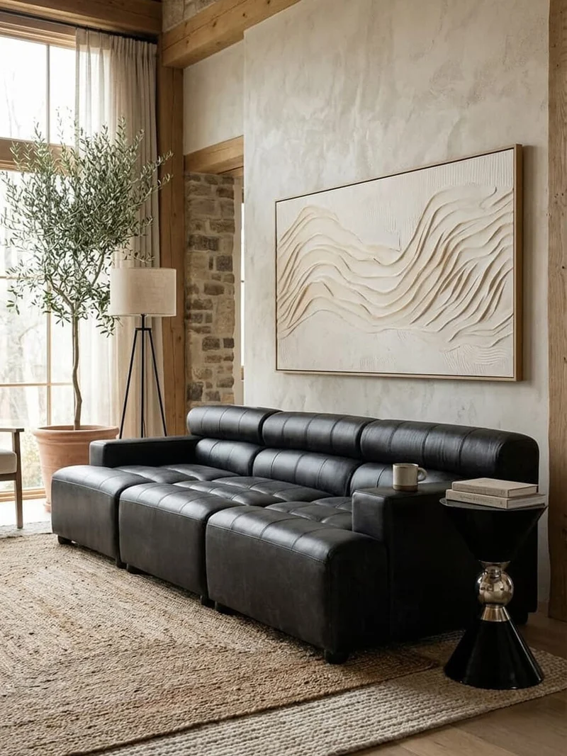 King Right Arm Antique Black Leather Modular Sofa