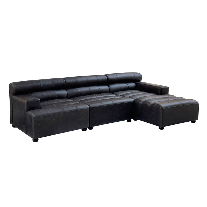 King Antique Black Right Arm Leather Modular Chaise Sofa