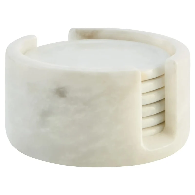 Kindia White Marble Set Of Six Round Coasters with Holder