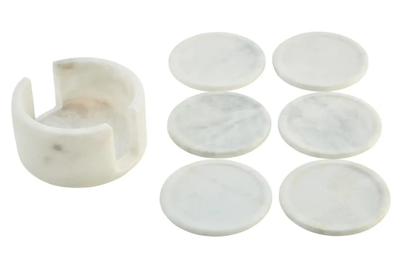Kindia White Marble Set Of Six Round Coasters with Holder