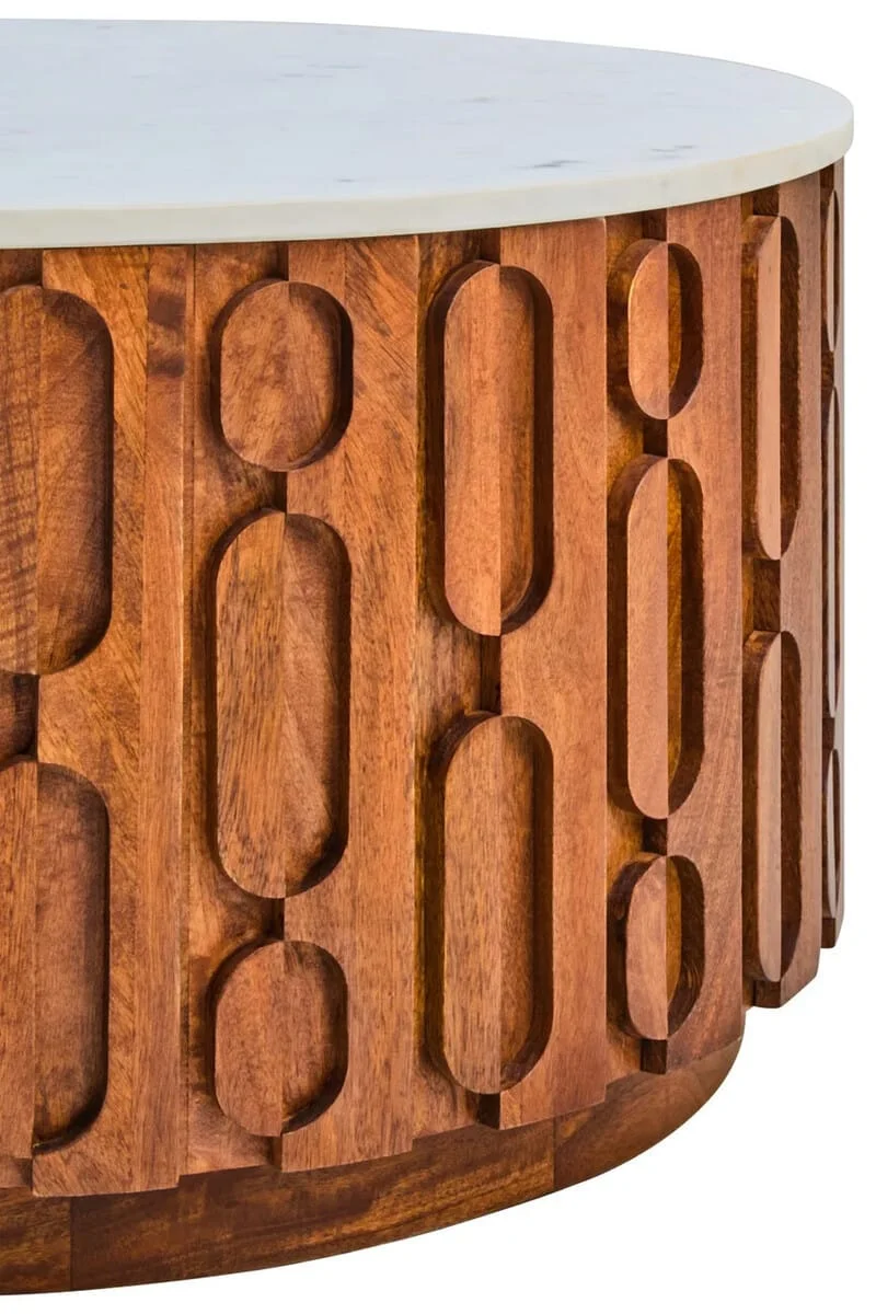 Torcino Marble and Carved Mango Wood Round Coffee Table