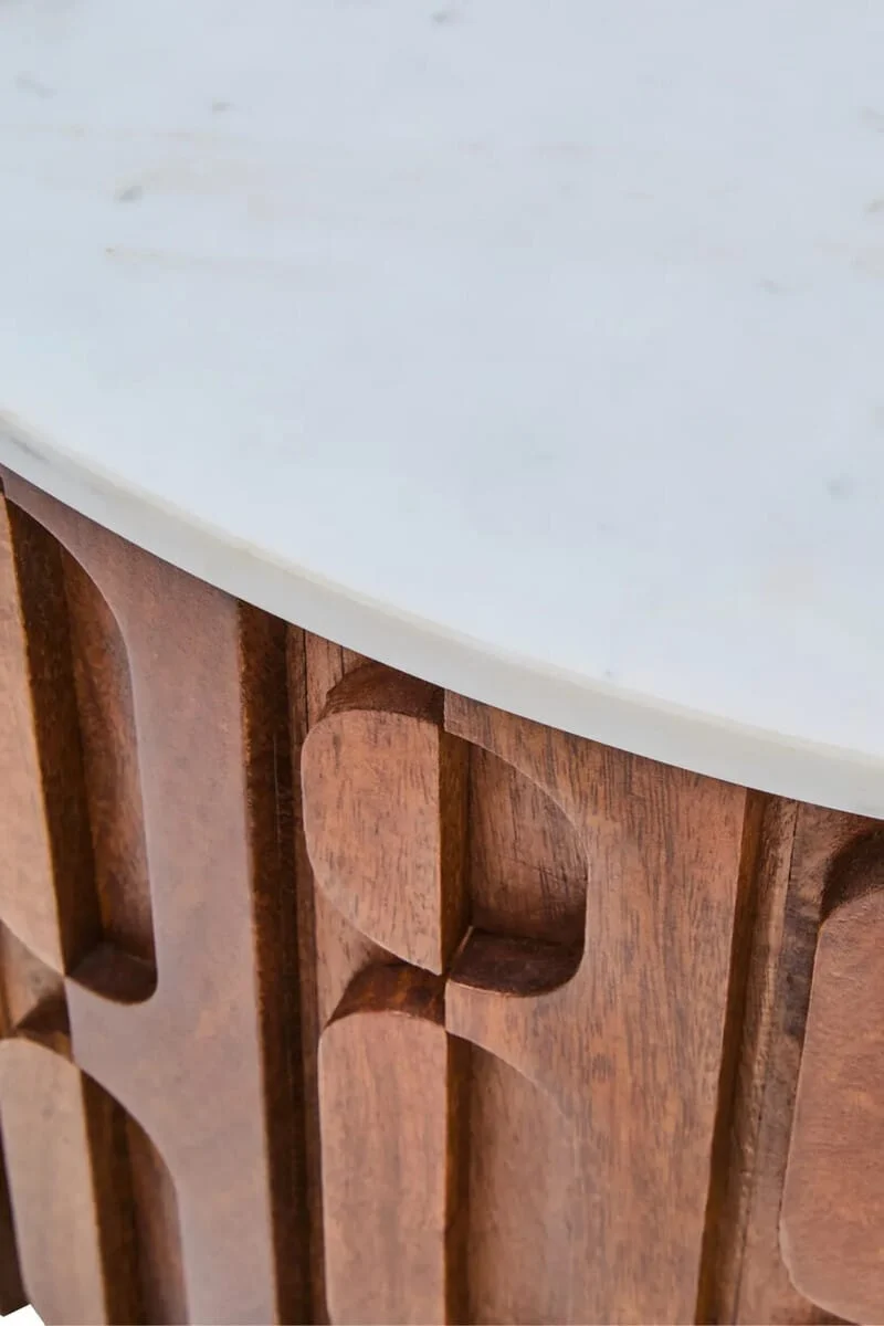 Torcino Marble and Carved Mango Wood Round Coffee Table