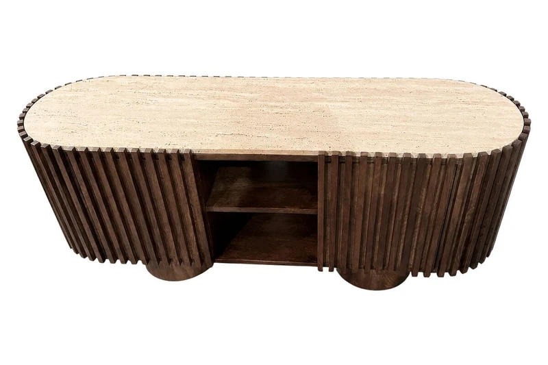 Babel Travertine and Mango Wood Curved Media Unit