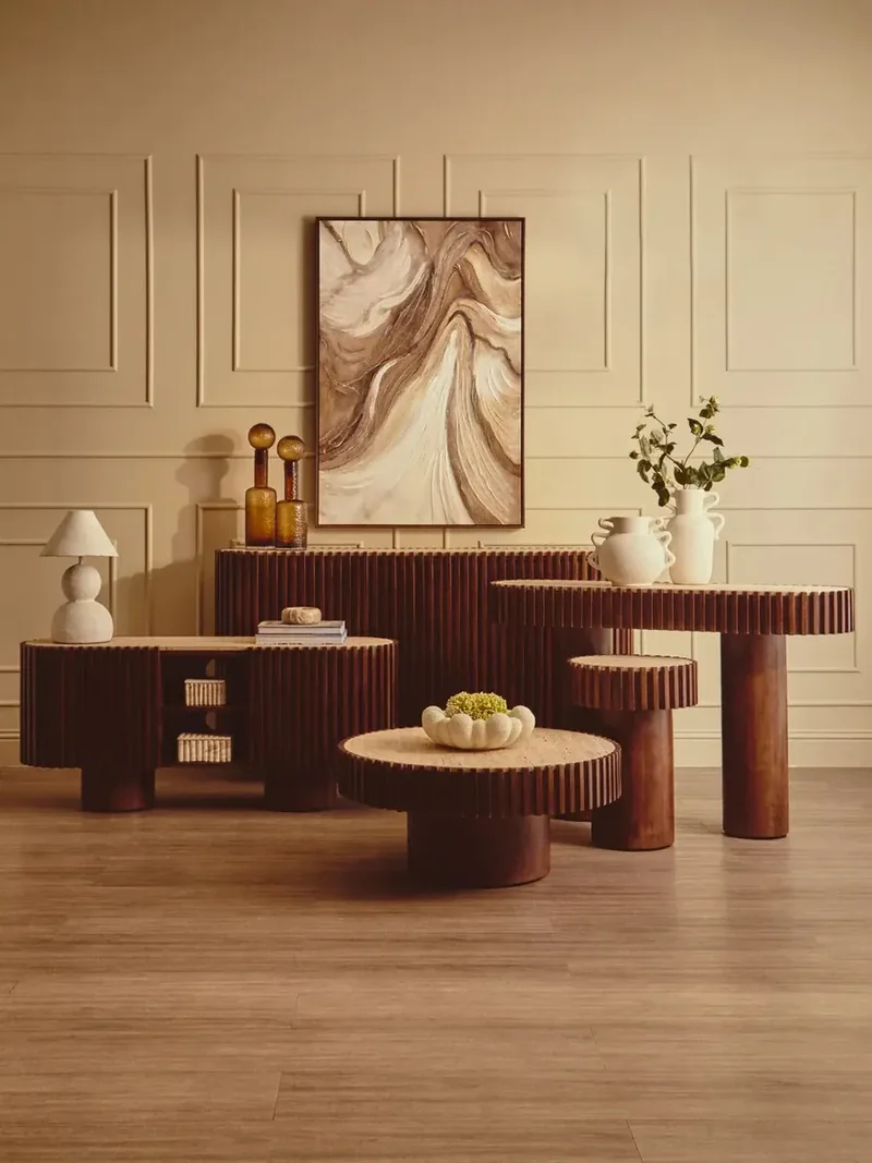 Babel Travertine and Mango Wood Curved Media Unit