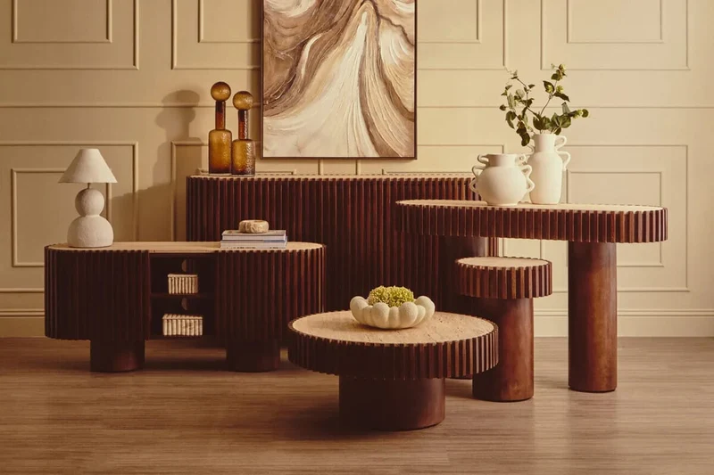 Babel Travertine and Mango Wood Curved Media Unit