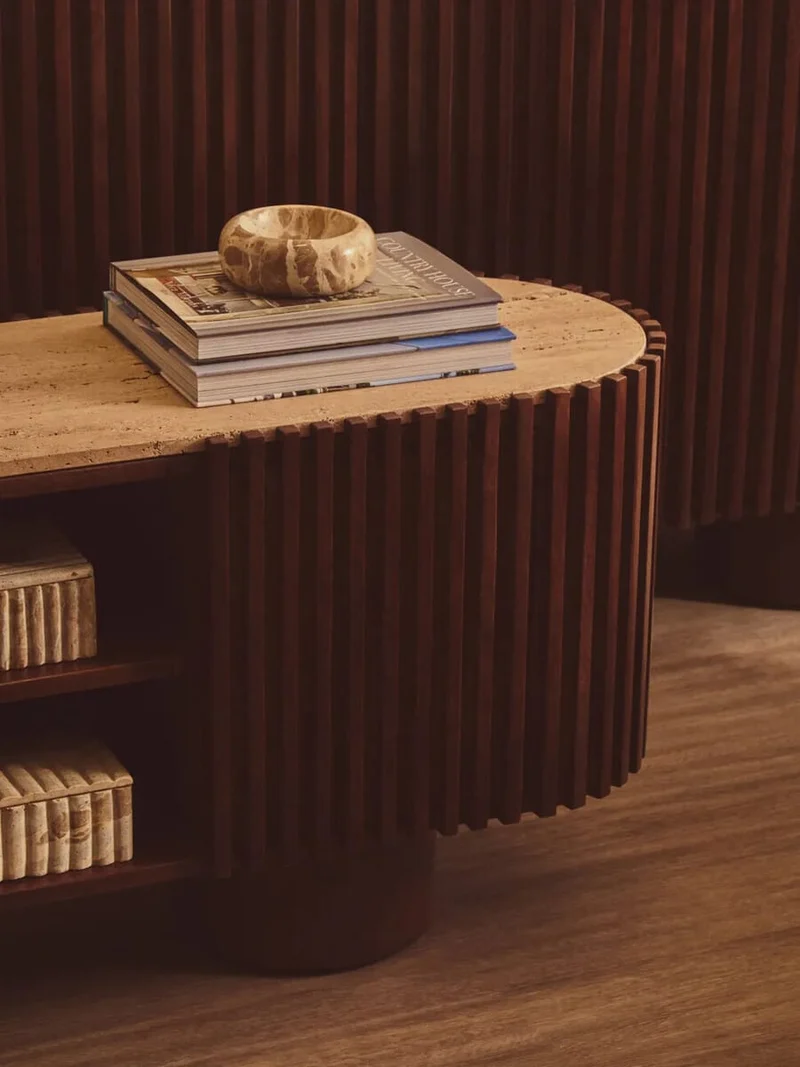 Babel Travertine and Mango Wood Curved Media Unit