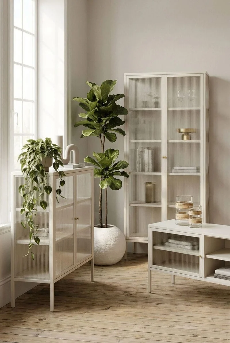 Addison Warm White Metal Fluted Glass Door Tall Cabinet