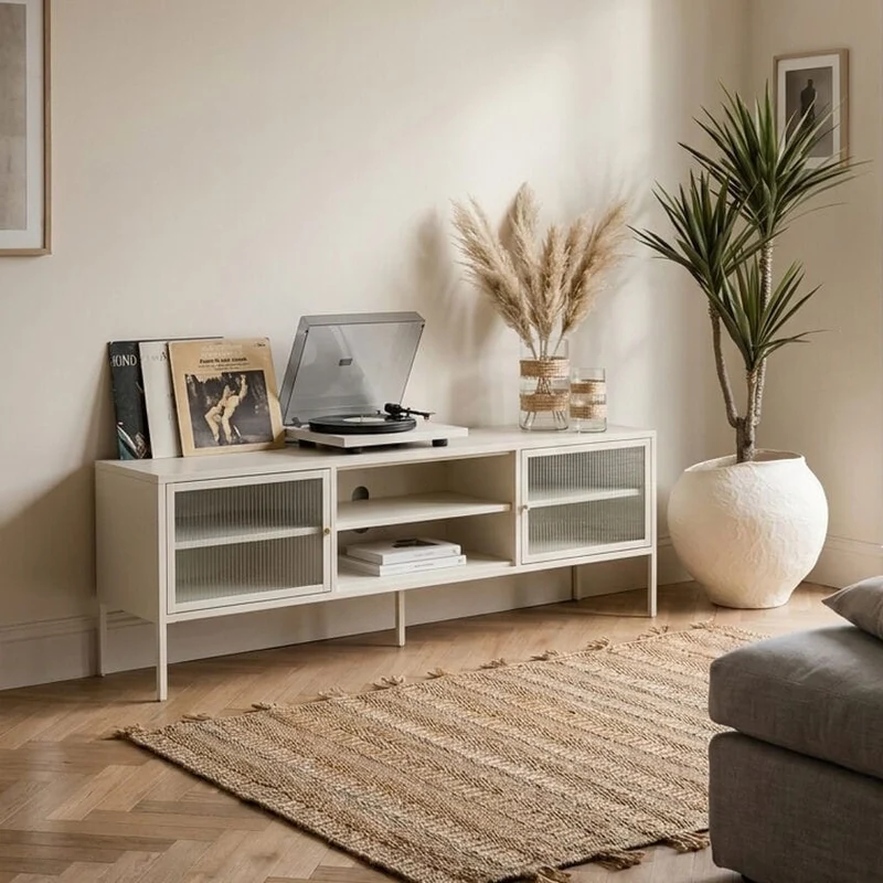 Addison Warm White Metal Fluted Glass Door Media Unit