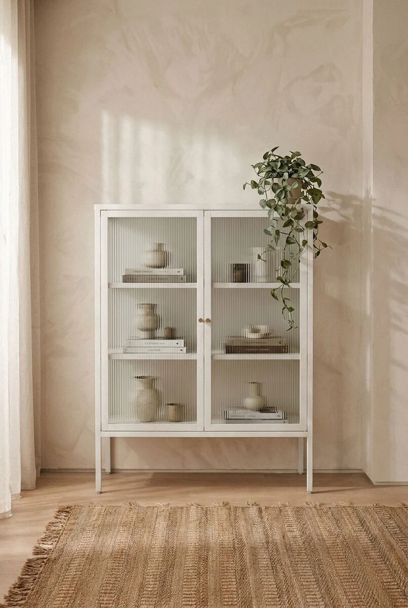 Addison Warm White Metal and Fluted Glass Door Cabinet