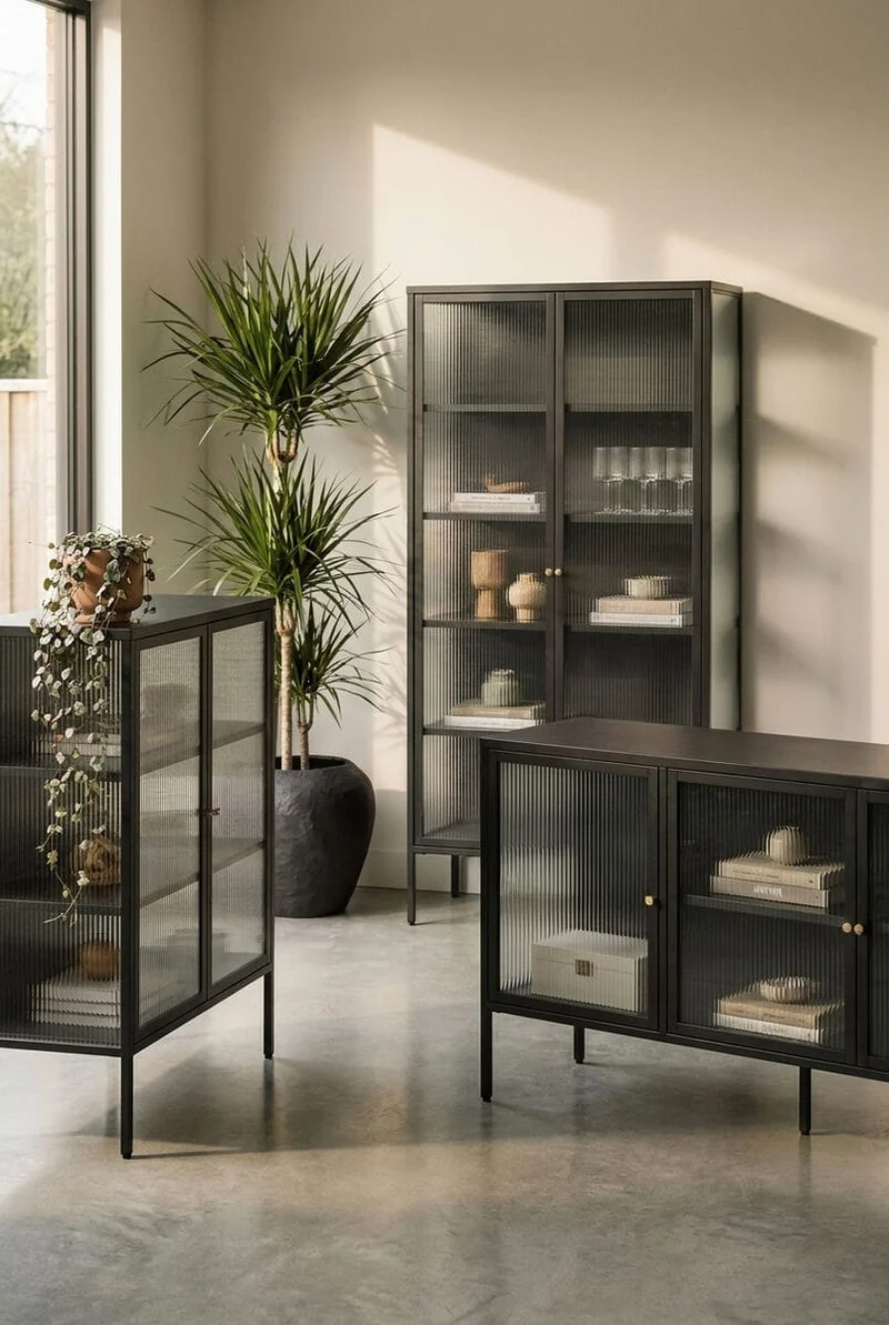 Addison Black Metal and Fluted Glass Door Tall Cabinet
