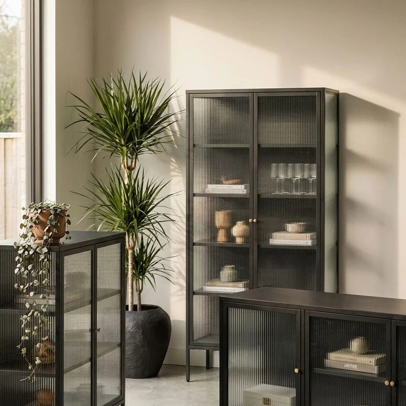 Addison Black Metal and Fluted Glass Door Tall Cabinet