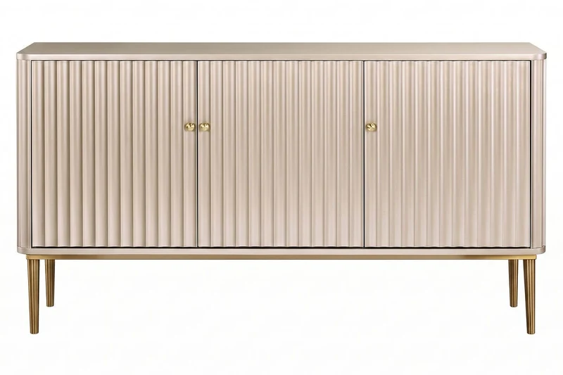Dusino Champagne Gold Finish Three Door Flute Detail Sideboard
