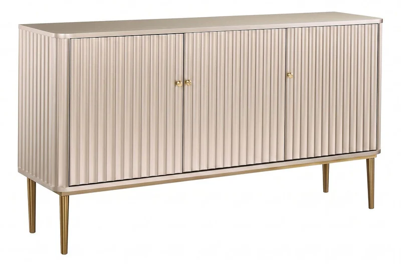 Dusino Champagne Gold Finish Three Door Flute Detail Sideboard