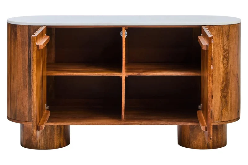 Torcino Marble and Carved Mango Wood Two Door Sideboard