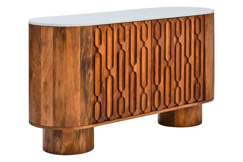 Torcino Marble and Carved Mango Wood Two Door Sideboard