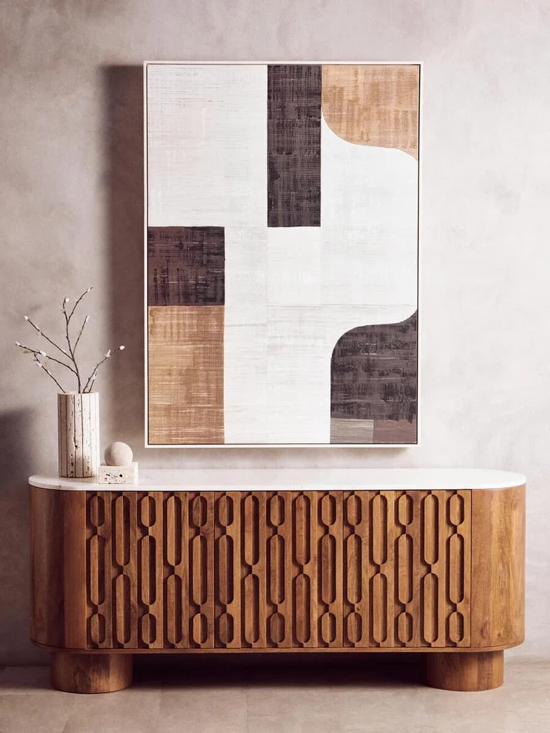 Torcino Mango Wood Carved Design Marble Top Three Door Sideboard
