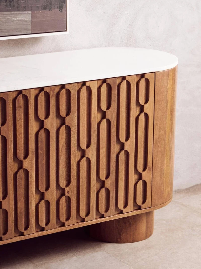 Torcino Mango Wood Carved Design Marble Top Three Door Sideboard