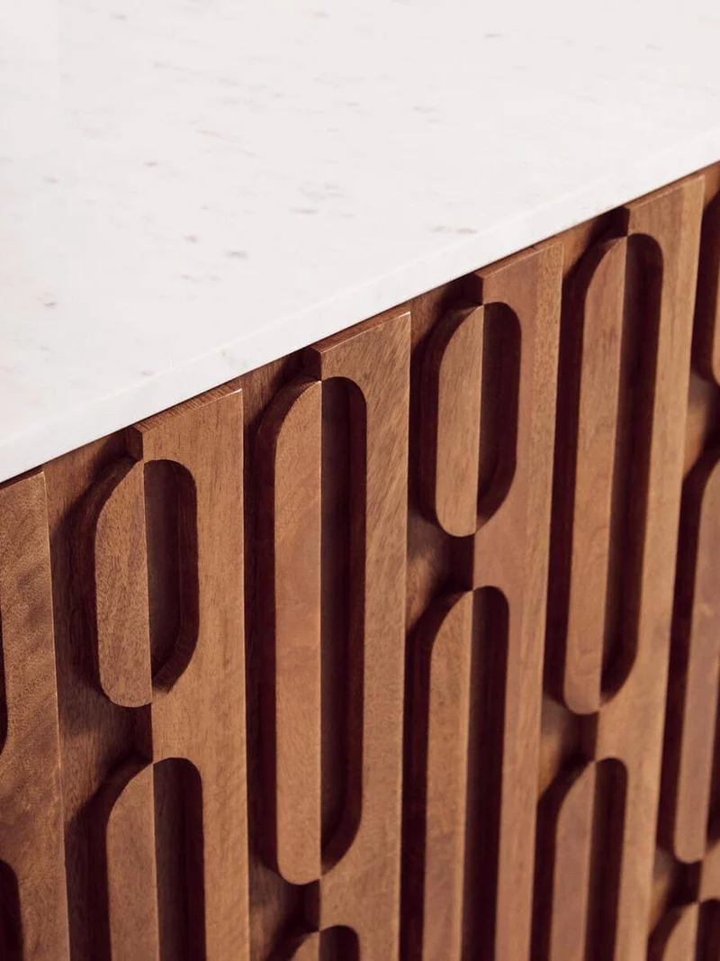 Torcino Mango Wood Carved Design Marble Top Three Door Sideboard