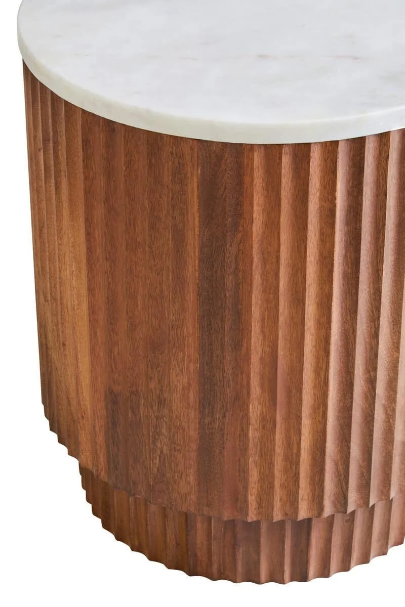 Torcino Mango Wood Carved Design Marble Top Side Table