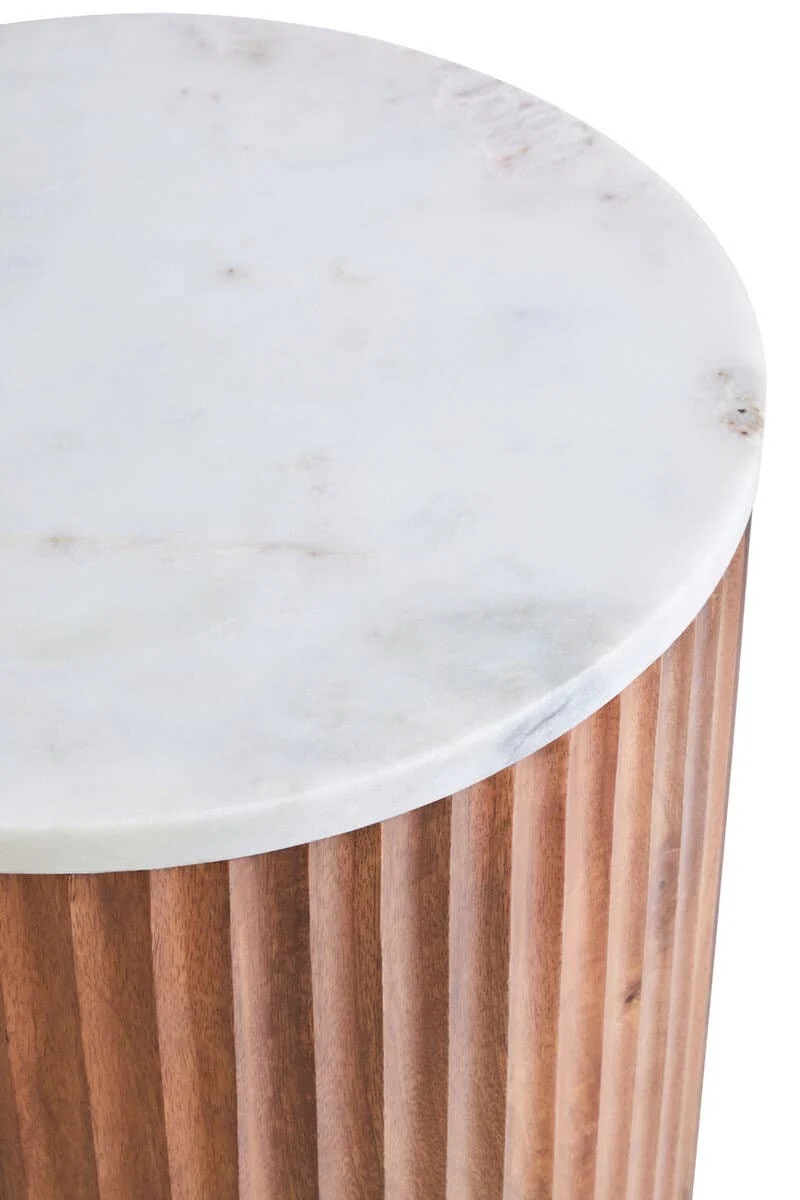 Torcino Mango Wood Carved Design Marble Top Side Table