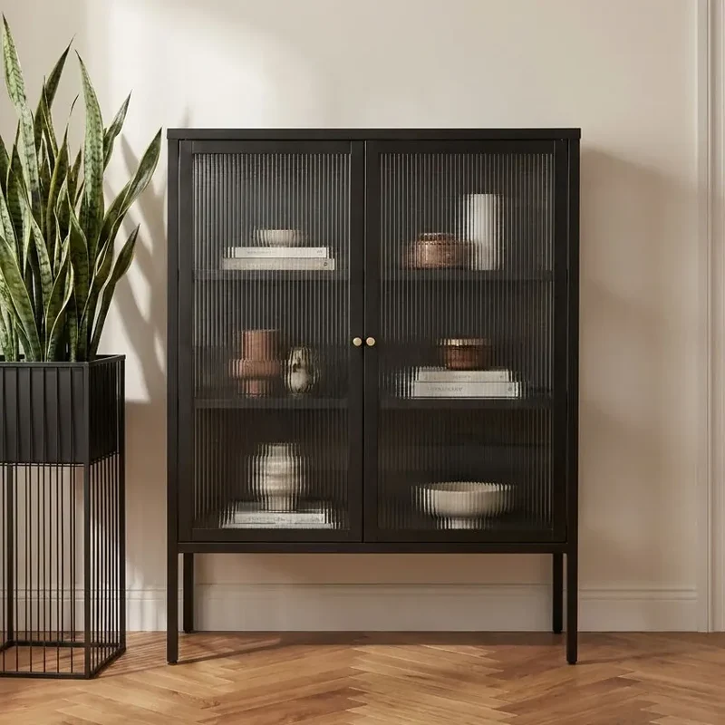 Addison Black Metal and Fluted Glass Door Cabinet