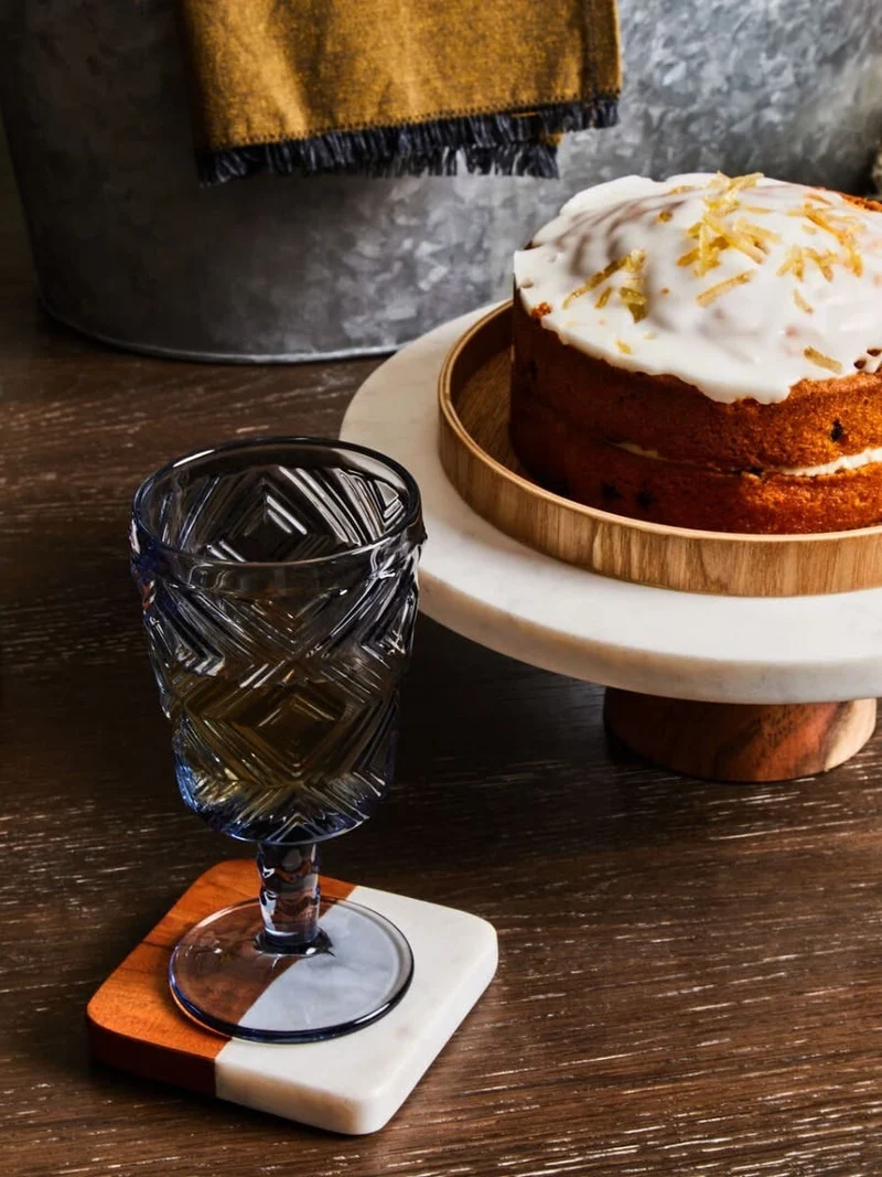 Monzaro Round White Marble And Acacia Wood Cake Stand